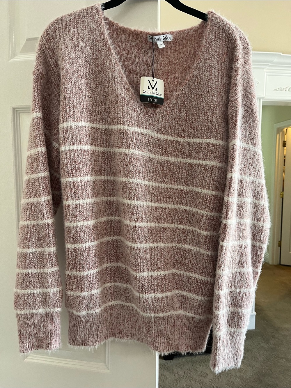 Michelle Mae Blush Pink & White Striped V-Neck Sweater Super Soft